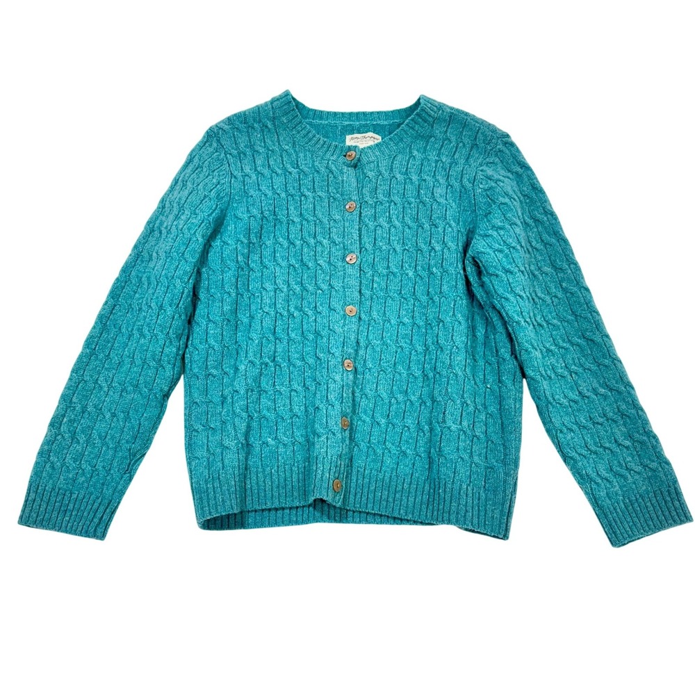 VTG Norm Thompson Teal Blue 100% Wool Cable‎ Knit Button Front Cardigan Sweater